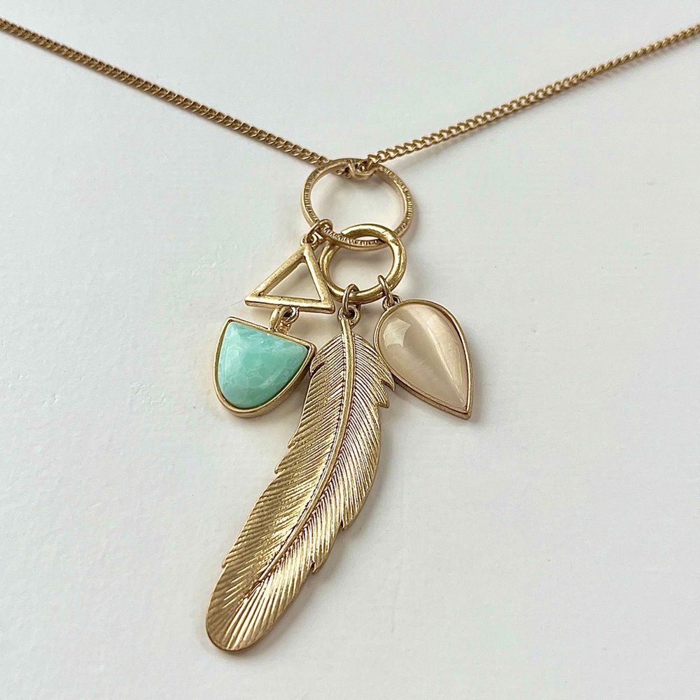 Turquoise Howlite, Moonstone & Gold-tone Feather Pendant Necklace